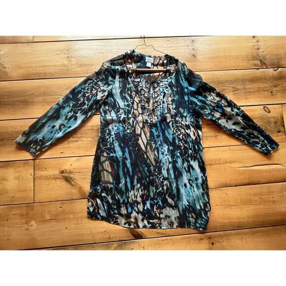 Chico's women's sheer embellished beaded multi color top/blouse. Size 1. - Picture 1 of 10